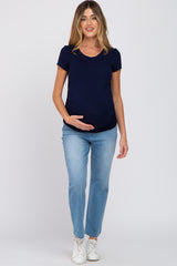 Navy Blue Basic Short Sleeve Maternity Fitted Top