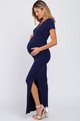 Navy Cross Front Ruched Maternity Maxi Dress