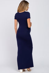 Navy Cross Front Ruched Maternity Maxi Dress