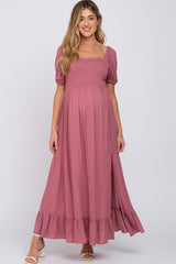 Mauve Swiss Dot Square Neck Smocked Maternity Maxi Dress