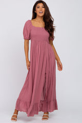 Mauve Swiss Dot Square Neck Smocked Maternity Maxi Dress