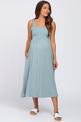 Light Blue Smocked Ruffle Strap Maternity Midi Dress