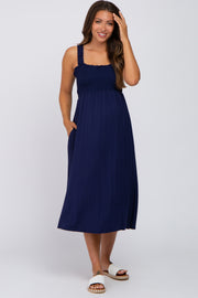 Navy Smocked Ruffle Strap Maternity Midi Dress