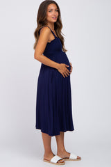 Navy Smocked Ruffle Strap Maternity Midi Dress