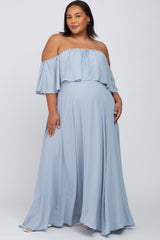 Light Blue Chiffon Off Shoulder Maternity Plus Gown