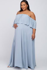 Light Blue Chiffon Off Shoulder Maternity Plus Gown