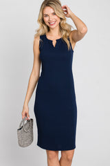 Navy Blue Ribbed V-Neck Maternity Dress