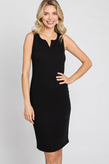 Black Ribbed V-Neck Dress