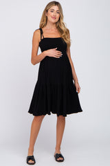 Black Smocked Shoulder Tie Maternity Dress