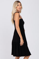 Black Smocked Shoulder Tie Dress