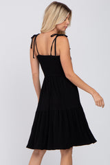 Black Smocked Shoulder Tie Dress