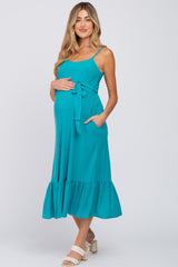 Turquoise Waist Tie Ruffle Hem Maternity Midi Dress