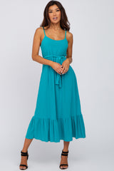 Turquoise Waist Tie Ruffle Hem Maternity Midi Dress