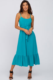 Turquoise Waist Tie Ruffle Hem Midi Dress