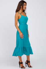 Turquoise Waist Tie Ruffle Hem Midi Dress