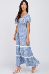 Blue Floral Square Neck Smocked Front Lace Trim Maxi Dress