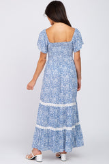 Blue Floral Square Neck Smocked Front Lace Trim Maxi Dress