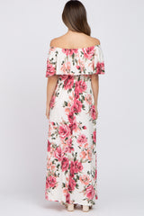 Ivory Floral Off Shoulder Flounce Maternity Maxi Dress