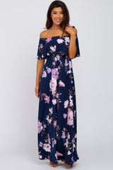 Navy Blue Floral Off Shoulder Maxi Dress