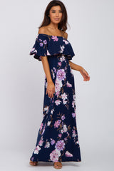 Navy Blue Floral Off Shoulder Maxi Dress