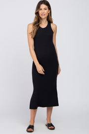 Black Ribbed Side Slit Maternity Midi Dress