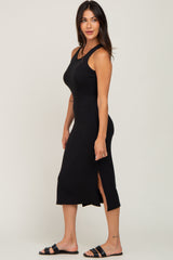 Black Ribbed Side Slit Midi Dress