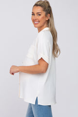 Ivory Collared Button-Down Short Sleeve Maternity Blouse