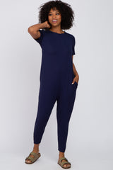 Navy Blue Basic Short Sleeve Jumpsuit