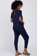 Navy Blue Basic Short Sleeve Jumpsuit