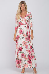 Cream Floral Maternity Wrap Maxi Dress