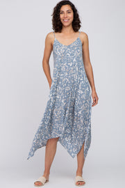 Blue Floral Handkerchief Midi Dress