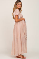 Light Pink Deep V-Neck Button Down Maternity Maxi Dress