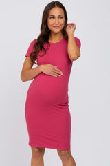 Magenta Ribbed Fitted Maternity Dress