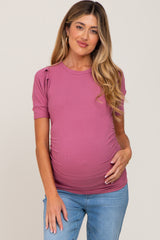 Mauve Ribbed Ruched Fitted Maternity Top