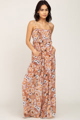 Camel Floral Sleeveless Maternity Jumpsuit