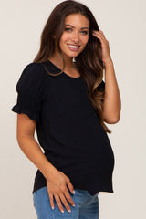 Black Smocked Puff Sleeve Maternity Blouse