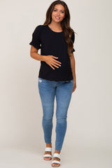 Black Smocked Puff Sleeve Maternity Blouse