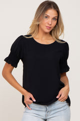 Black Smocked Puff Sleeve Maternity Blouse