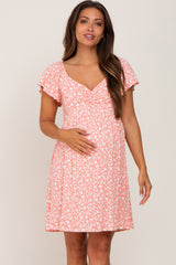 Coral Floral Ribbed Sweetheart Neck Ruched Front Maternity Dress