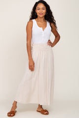 Beige Smocked Maternity Linen Maxi Skirt