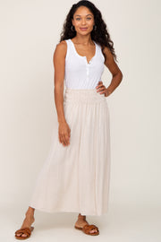 Beige Smocked Linen Maxi Skirt