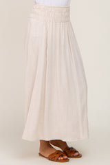 Beige Smocked Linen Maxi Skirt