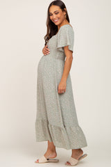 Light Olive Floral Smocked Maternity Midi Dress