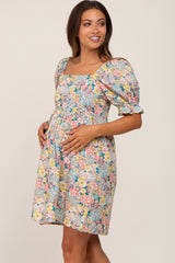 Yellow Floral Square Neck Short Puff Sleeve Maternity Dress