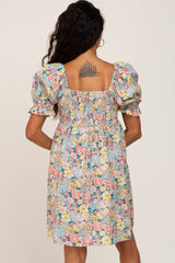 Yellow Floral Square Neck Short Puff Sleeve Dress