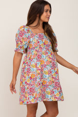 Mauve Floral Square Neck Short Puff Sleeve Maternity Dress