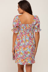 Mauve Floral Square Neck Short Puff Sleeve Maternity Dress