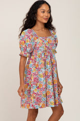 Mauve Floral Square Neck Short Puff Sleeve Dress