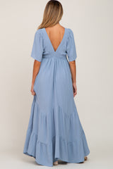 Light Blue Deep V-Neck Maternity Maxi Dress