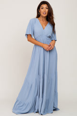 Light Blue Deep V-Neck Maternity Maxi Dress